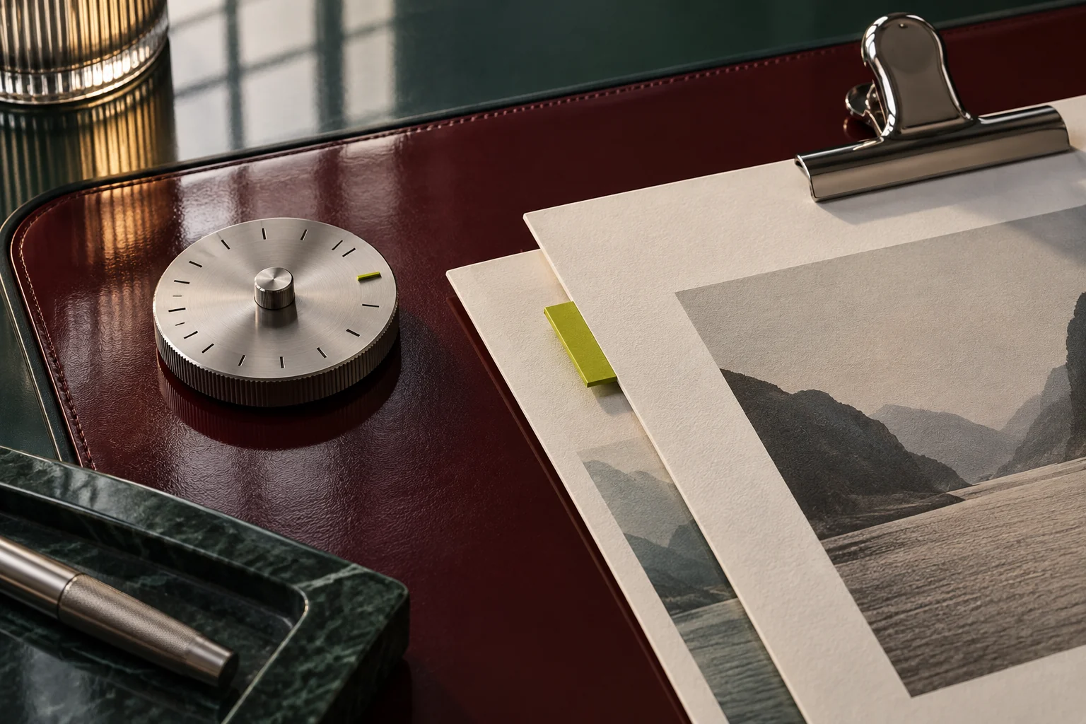 A mechanical date wheel, overlapping documents, chrome clip, and chartreuse tab on a dark glossy desk