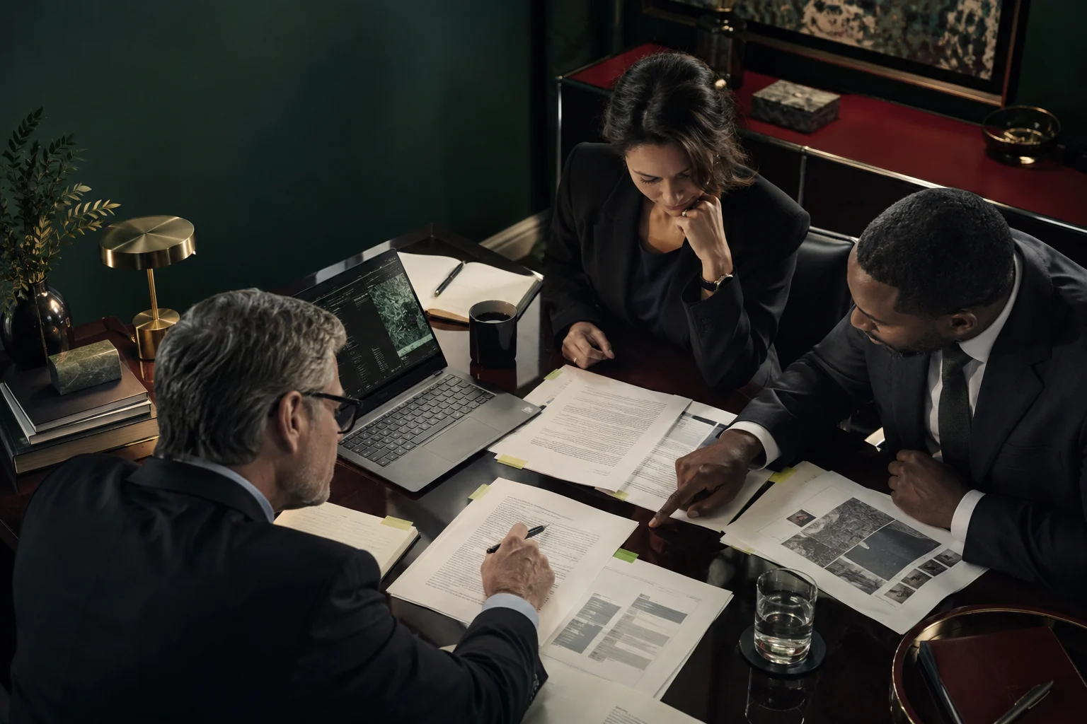 Three pursuit team members reviewing printed documents and a laptop around a polished dark table